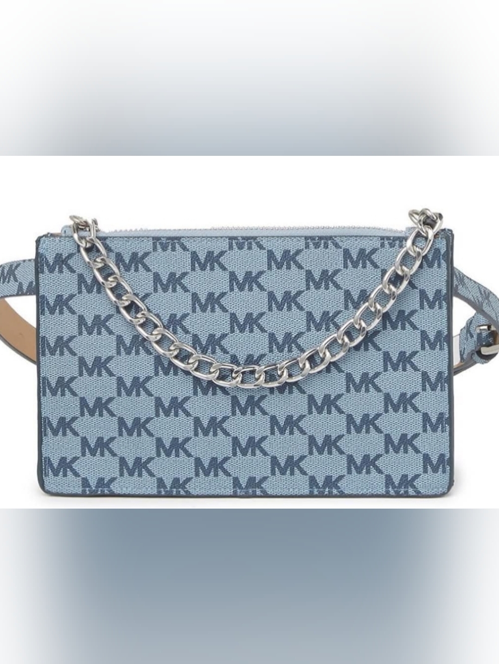 Michael Kors Blue Denim MK Logo Silver Chain Pull Women's Waist Pack Belt Bag